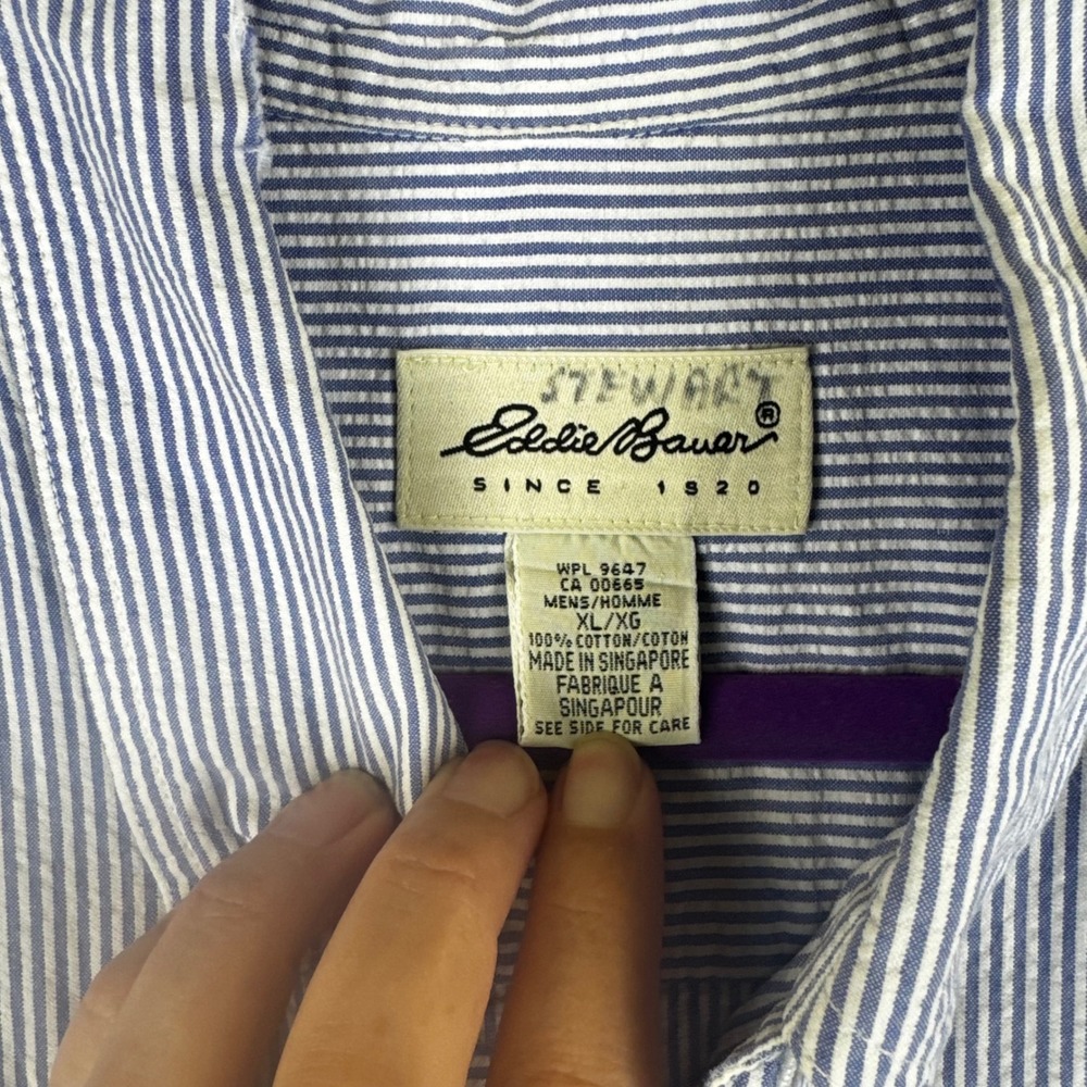 Eddie Bauer Button Down Mens XL Blue White Striped Seersucker Shirt (1684) - Picture 2 of 10